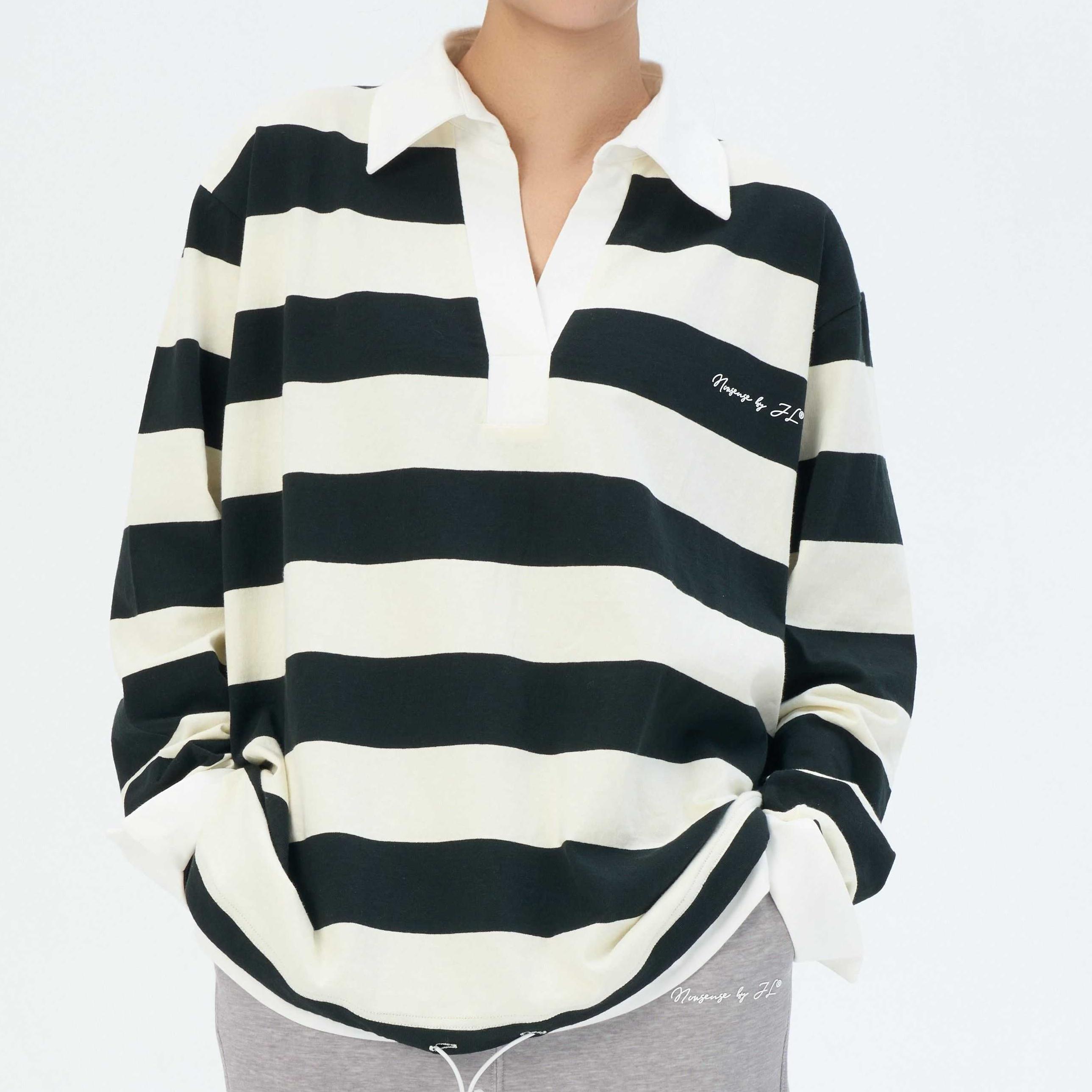 Striped polo neck patchwork long sleeve T-shirt